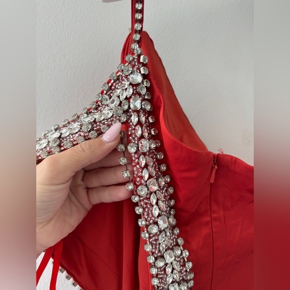 MAC DUGGAL Red Jewel Embellished Side Cut Out A Line Gown in Red 8 - Picture 12 of 12